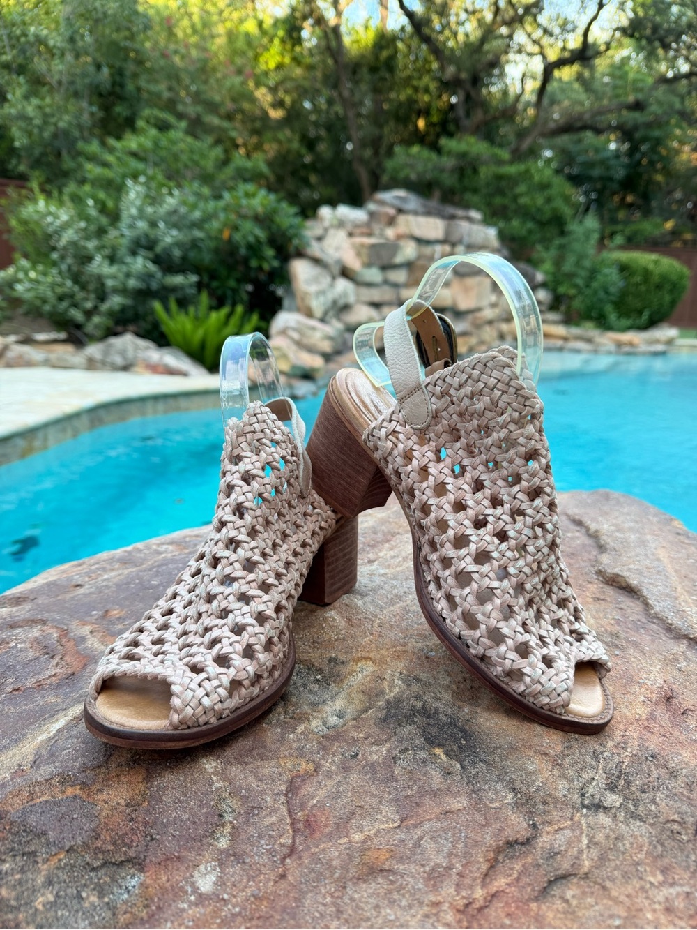 Veracruz Artisans Leather Woven Peep-Toe Slingback Block Heel Sandals